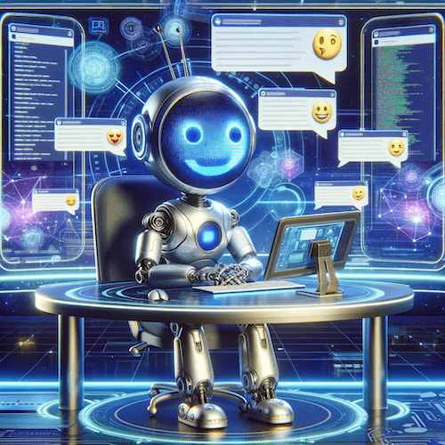 image of a robot in front of a computer with chat bubbles around it to represent how chatbots help social media strategy