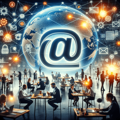 image of an office with people at tables with laptops. A large screen with the @ sign over the globe represents email marketing and graphs around the earth are the KPIs to track