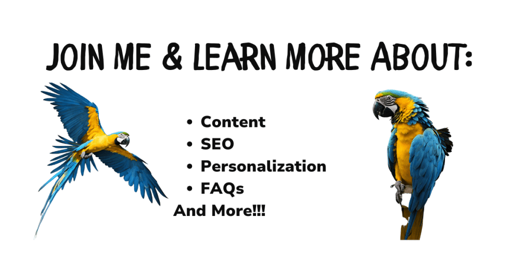 image of two blue and gold parrots to represent Bloo inviting the reader to learn more about content, seo, personalization, faqs, and more
