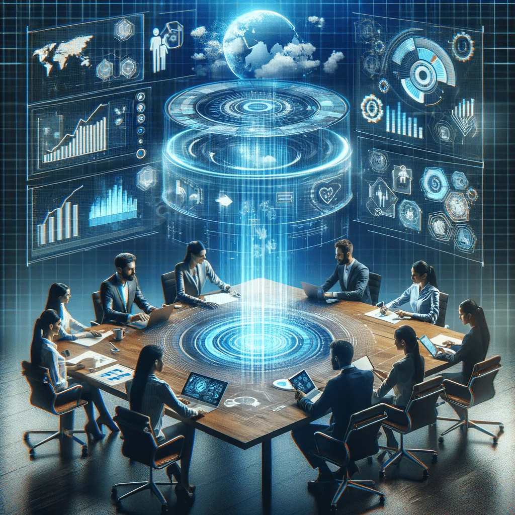 image of people sitting around a table on laptops with a holograph coming out of the center of the table to represent getting comfortable with machine learning and artificial intelligence