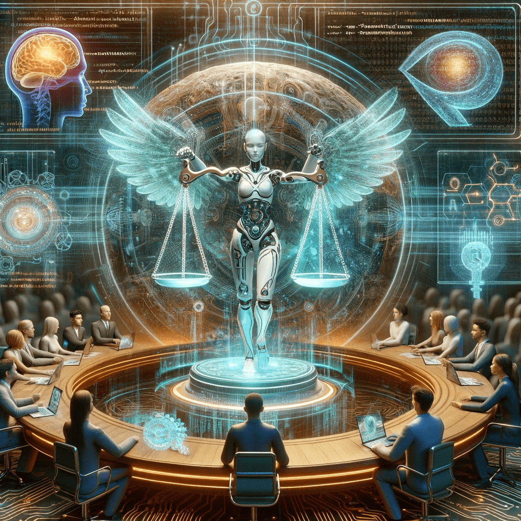 an image of an AI robot hologram holding scales with a group of people sitting around a round table representing fairness and bias when it comes to ethical AI use