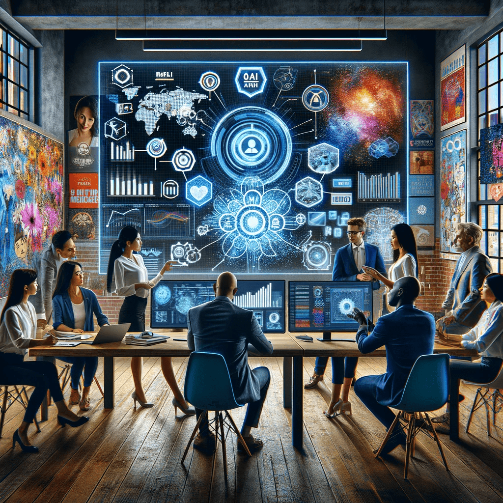 an image of a group of people at a long table looking at a large screen on a wall with graphs, a world map, and other components of ai-generated content to represent the need for trustworthiness when using AI for marketing