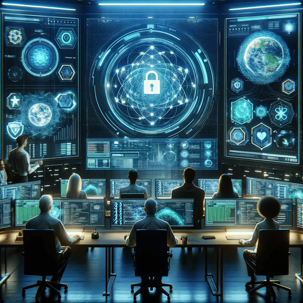 an image of a group of people sitting at long desks with computers and a large screen in front of them with a padlock on it to represent data privacy when it comes to using AI