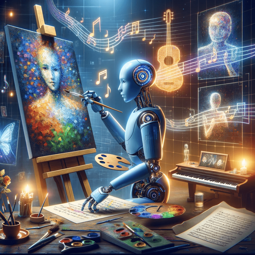 image of robot painting a picture with musical notes and a piano in the background to represent the creativity available with AI