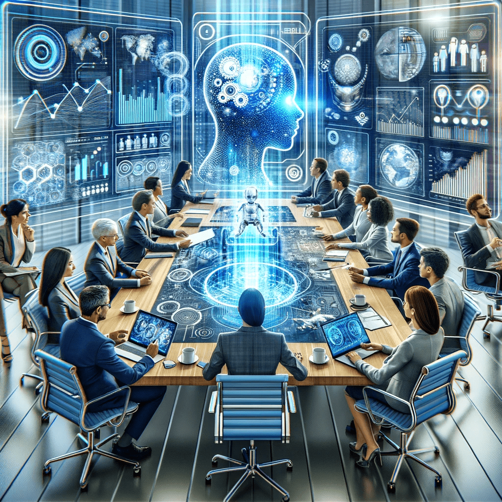image of humans at a boardroom table looking at a robot to represent humans working with AI in marketing