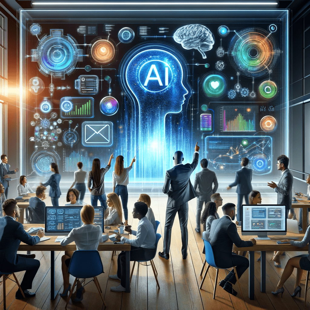 an image of a futuristic office environment with AI tools on a large screen representing integrating AI with existing marketing tools