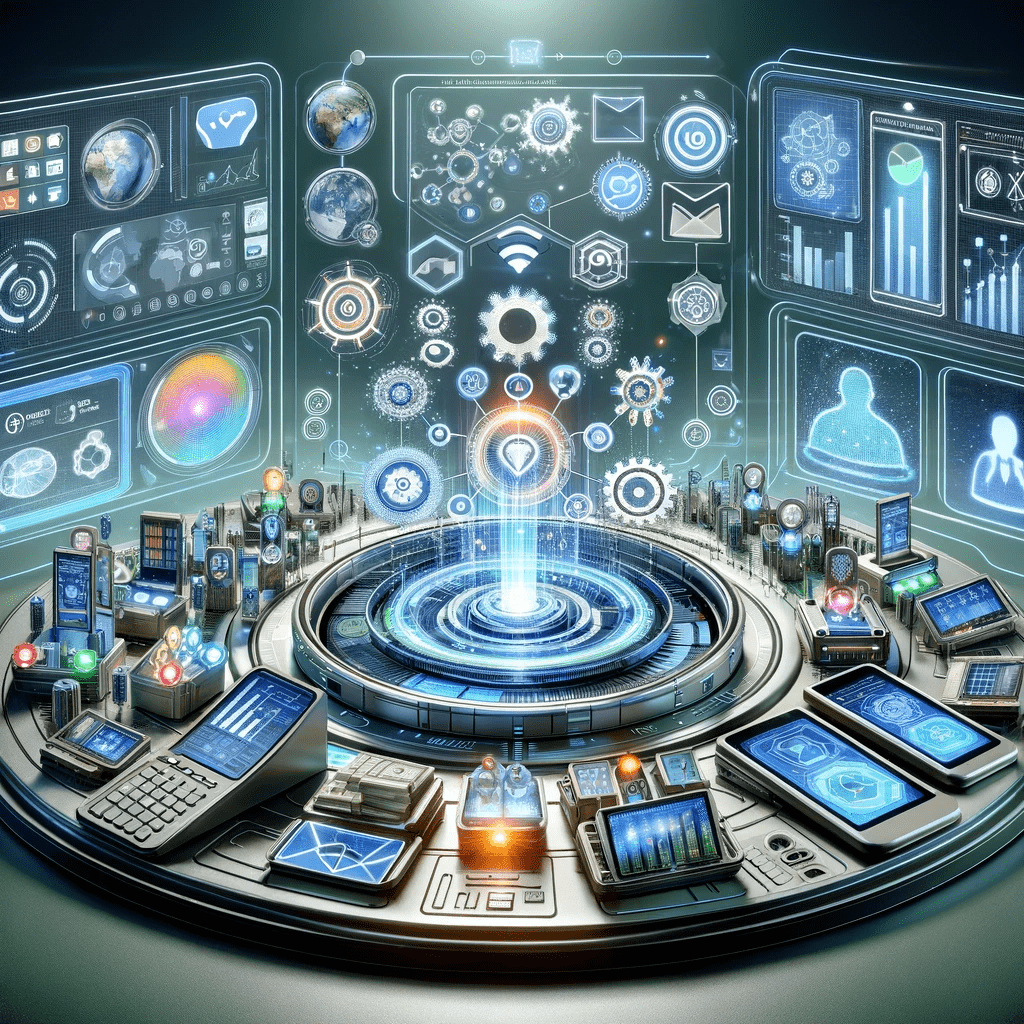 image of digital devices around a futuristic table with large screens in the background representing marketing automation