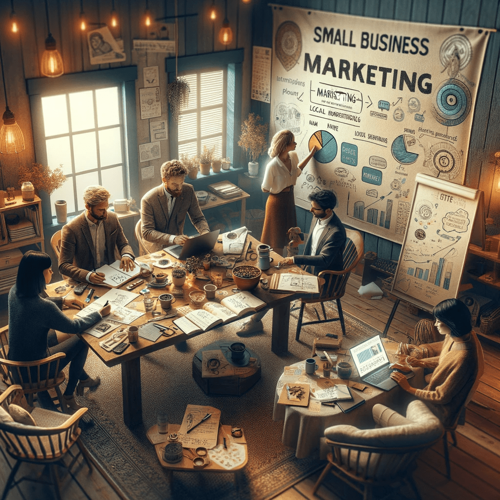 image of a group of marketers for a small business brainstorming a marketing strategy