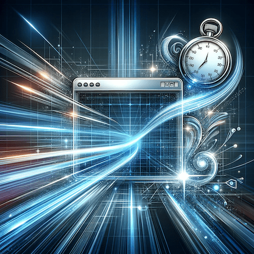 image of a computer screen with lights coming out of it and a pocket watch in the upper right corner to represent how page speed helps SEO value