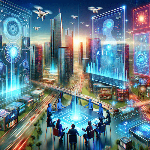 image of a virtual city in the background with people around a table looking at holographic screens to represent the impact of ai in marketing analytics