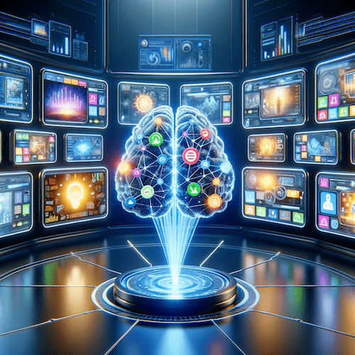 a futuristic holographic brain emerging from a platform and surrounded by multiple screens of graphs and other marketing functions
