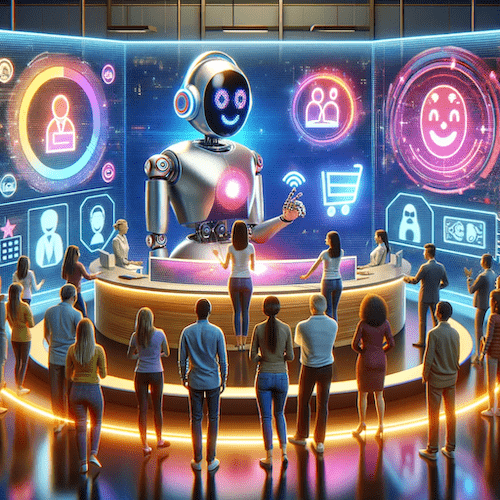 an image of a group of people standing in front of a large screen with a robot on it to represent increasing customer engagement with AI