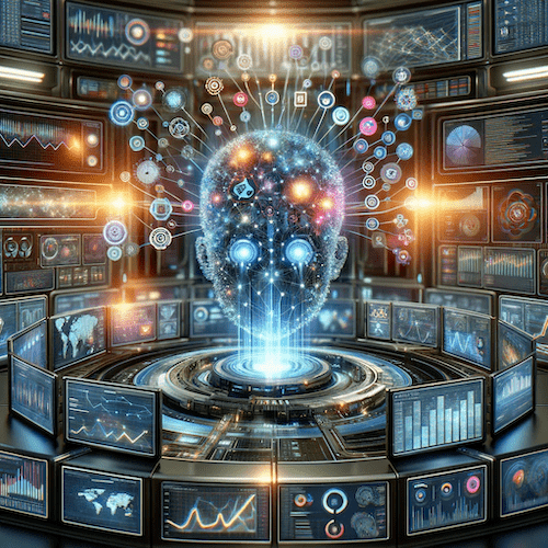 image of a holographic head in front of multiple screens with socia media icons coming out of the head to represent social media marketing with AI