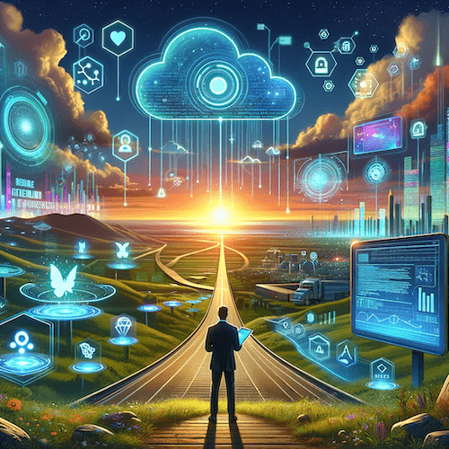 an image of a person standing on a road that goes into the horizon with holographic clouds and marketing images to represent new marketing ideas with AI