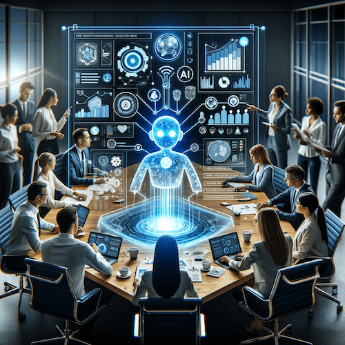 image of a group of people around a board room table with an AI robot holograph coming out of the center of the table to represent integrating AI iinto marketing analytics tools
