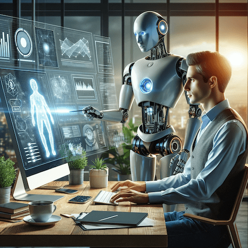 image of a man at a computer with a robot showing him an image on a computer screen representing ai and human collaboration and marketing analytics