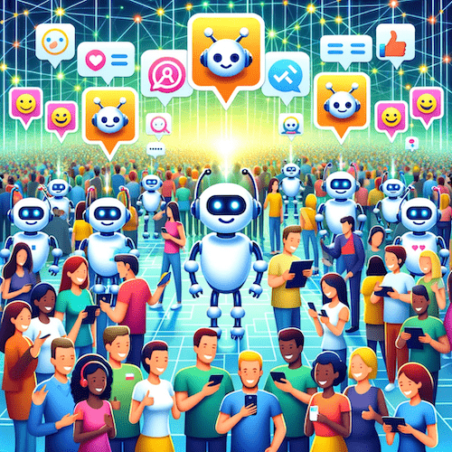 an image of robots surrounded by people on their phones to represent the increased engagement that a chatbot provides