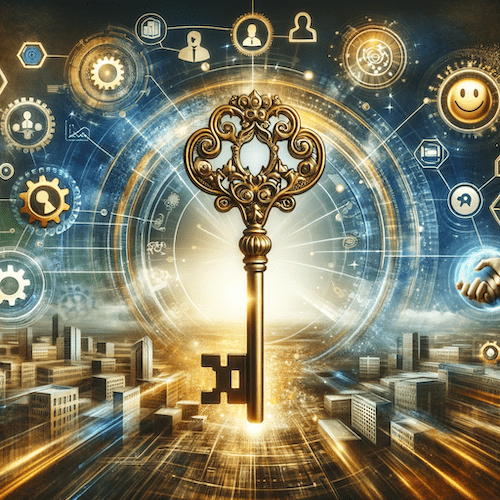 image of a key surrounded by gears, smiley faces, and a cityscape below to represent chatbots as the key to innovation