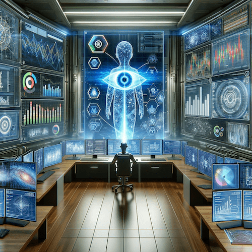 robot sitting at a large desk with computer screens and looking at a large wall screen with a human form and eye coming out of its chest representing how ai analytics help social media marketing 