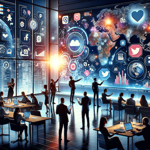 image showing people in an office looking at a large wall screen with social media icons to represent regularly updating ai strategies