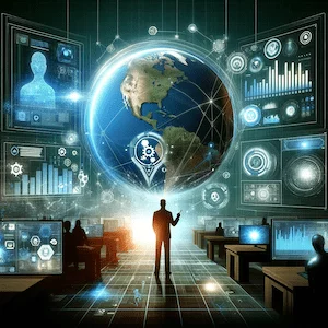 image of a person standing in front of a holographic image of the Earth surrounded by graphs to represent AI in social media strategy