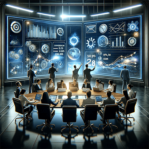 image of people around a desk with large wall screens displaying graphs and charts to represent email marketiing KPIs