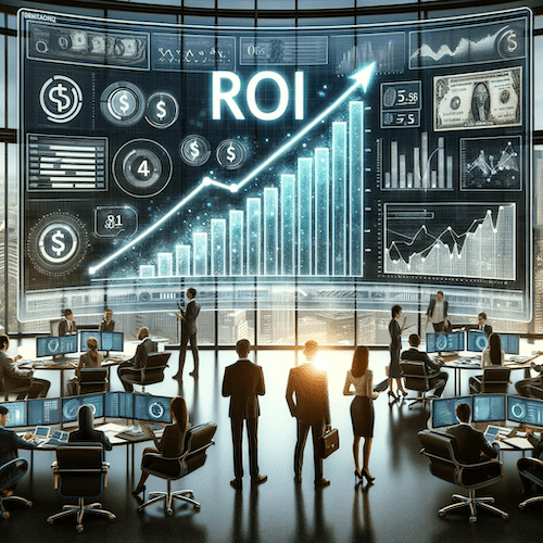 image displaying people around desks with a wall screen that says ROI aand has graphs to represent the ROI for email marketing