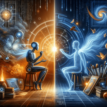 image of a human and ai robot facing each other to represent a harmonious partnership