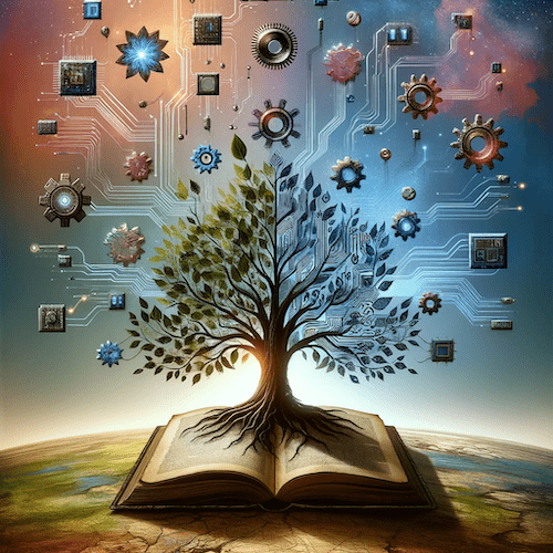 Image of a tree growing out of a book with gears and computer chips around it to represent continuous learning and adaptability of AI